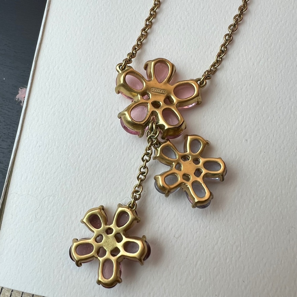 Coach Daphne Pink Glass Floral Drop‎ Necklace Gold Tone Signed Rare - Picture 10 of 11